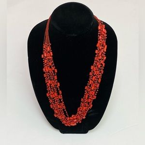 necklace women beaded multi strand. Red . Crochet Necklace . Hand Made Necklace